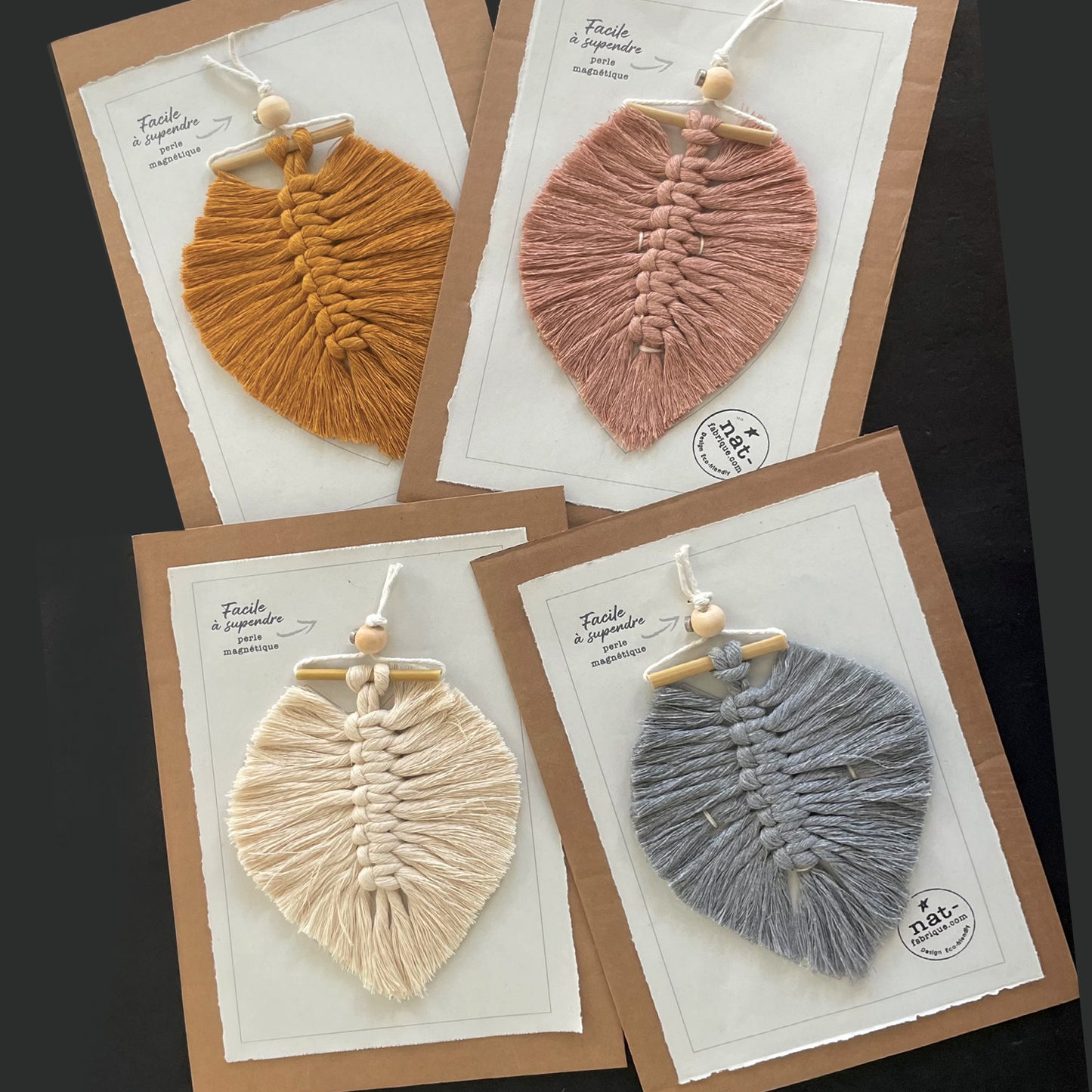Feuille/Plume • macramé décoration • Magnettes • Set 4 couleurs